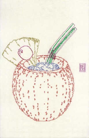 Michele Chiossi Exotica, 2000 pennarelli, carta giapponese pigmento d’argento, penna biro A4 disegno zigzag cocktail cocco cannuccia tiki Hawai