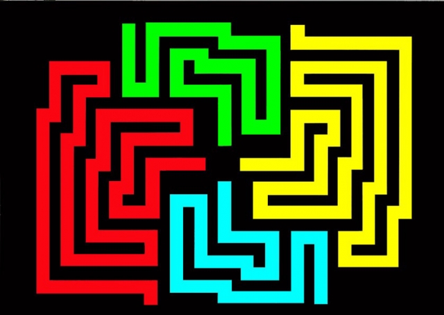 Michele Chiossi W.T.O. #1, 2002   smalti, poliestere mappe percorsi pattern dipinto quadro colori primari videogame zigzag pixel arte contemporanea labirinto maze ornamento astrazione