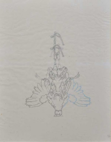 Michele Chiossi disegno il salto della quaglia, 1999 penna biro, inchiostro neon riflettente, Japanese silk paper A3 natura morta still life cacciagione quaglia fagiano zigzag pixel videogame